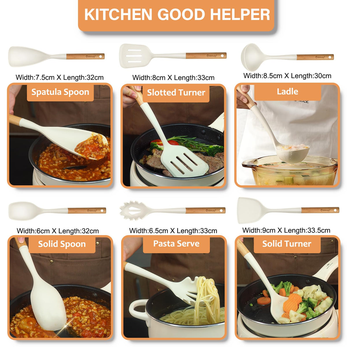 Large Silicone Cooking Utensils Set, 10Pcs Nonstick Kitchen Utensil Set with Wooden Handle, Heat Resistant Silicone Utensils for Cooking, BPA Free Spatula Set with Turners Spoon Ladle Skimmer(White)