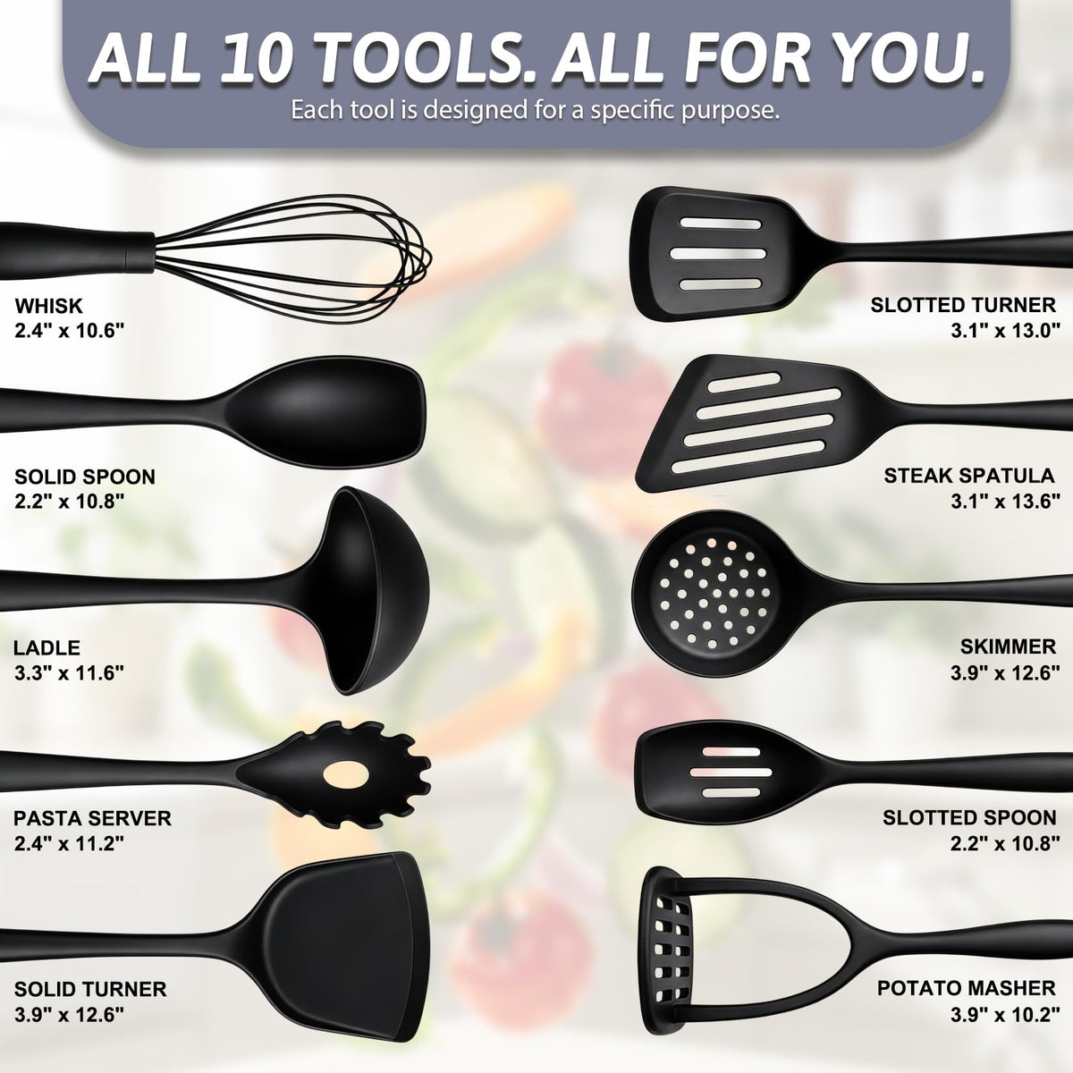Thickened Silicone Cooking Utensils Set, 10Pcs Nonstick Kitchen Utensil Set with Solid Handle, Heat Resistant Silicone Spatula Set for Cooking, BPA Free Utensils Set with Potato Masher(Black)