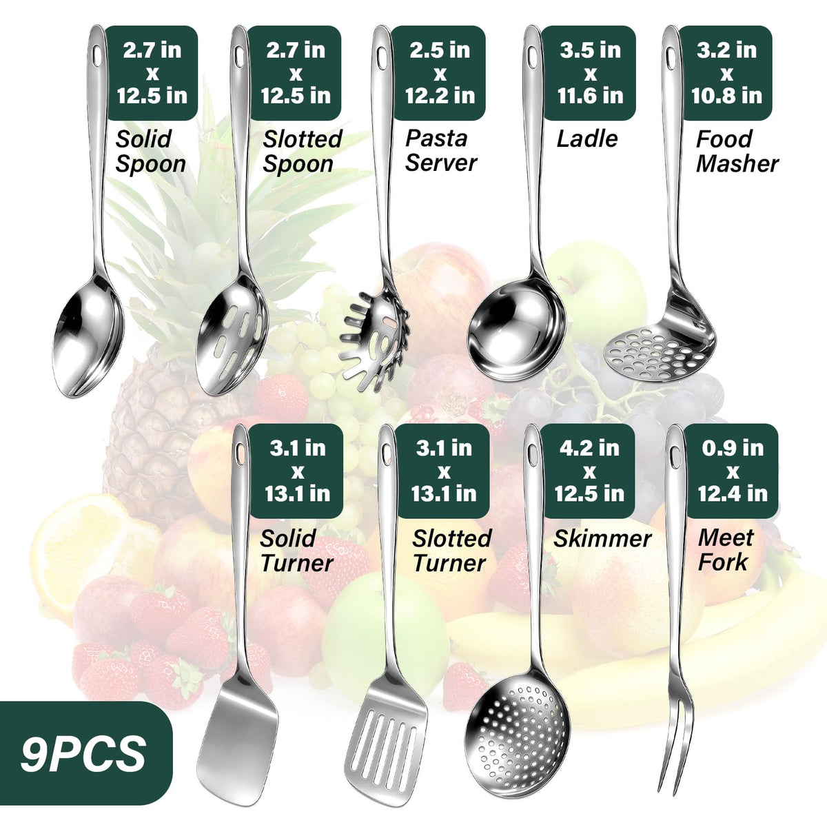 9PCS Stainless Steel Cooking Utensils Set, Large Metal Kitchen Utensils Set with Thickened Edge, Heat Resistant Spatula Turners Set with Ladle, Turners, Spoons, Skimmer