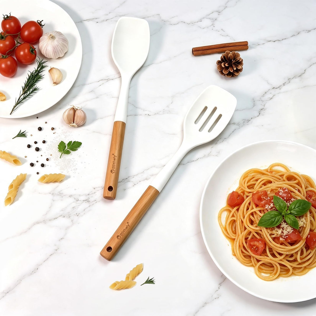 2Pcs Large Silicone Cooking Spoon Set, Nonstick Serving Spoons for Cooking, Solid and Slotted Spatula Spoons with Wooden Handle, Heat Resistan Silicone Utensil Set for Basting and Mixing(White)