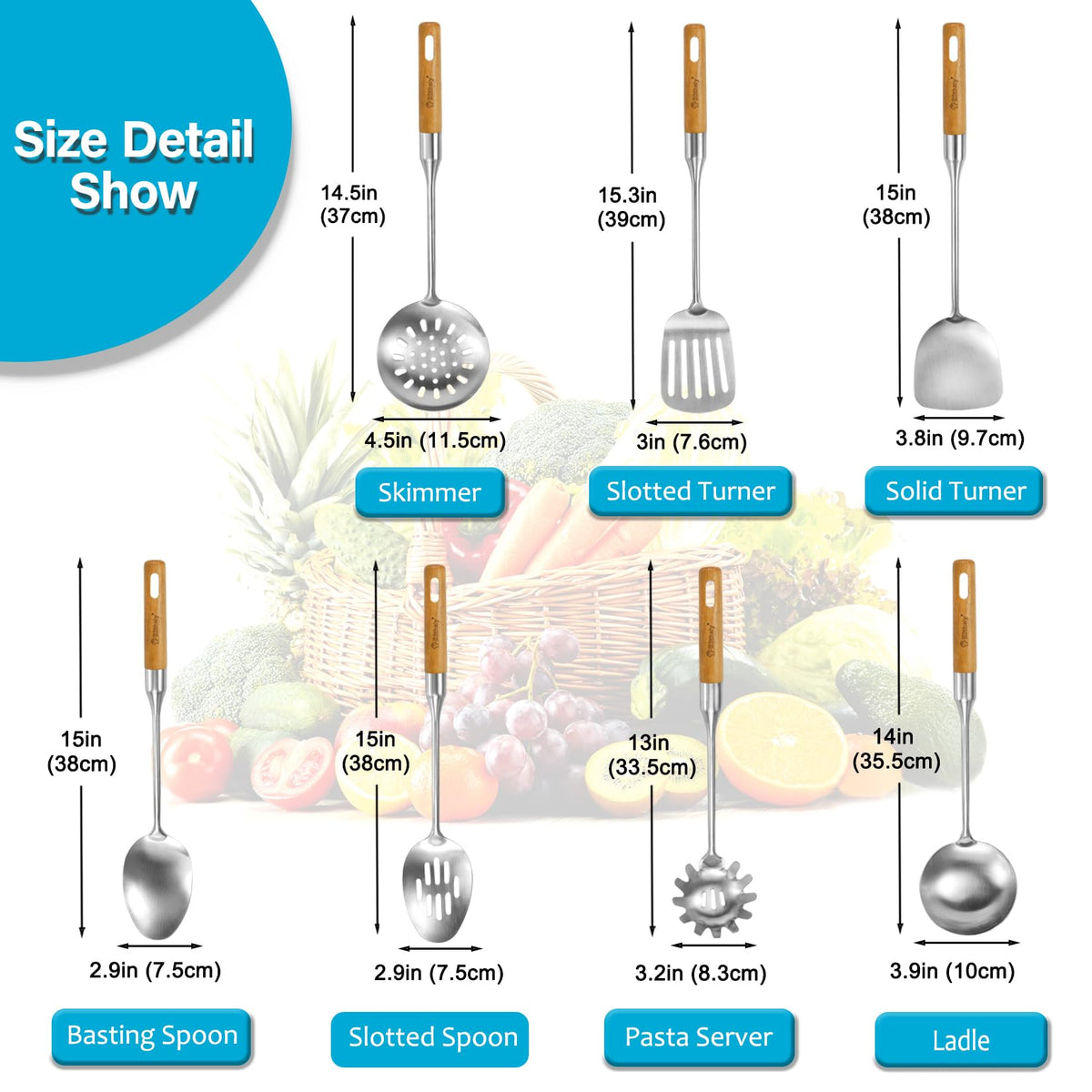 Stainless Steel Cooking Utensils Set with Wooden Handle, 7 Pcs Long Kitchen Utensil Set Stainless Steel, Heat Resistant Metal Spatula Set for Cooking with Turners, Skimmer, Ladle, Pasta Fork