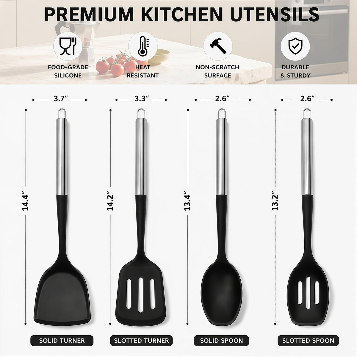 4PCS Silicone Spatula Spoon Set, Large Silicone Cooking Utensils Set with Stainless Steel Handle, Heat Resistant Cooking Spatula Set, Nonstick Solid and Slotted Turners, Serving Spoon (Black Silver)