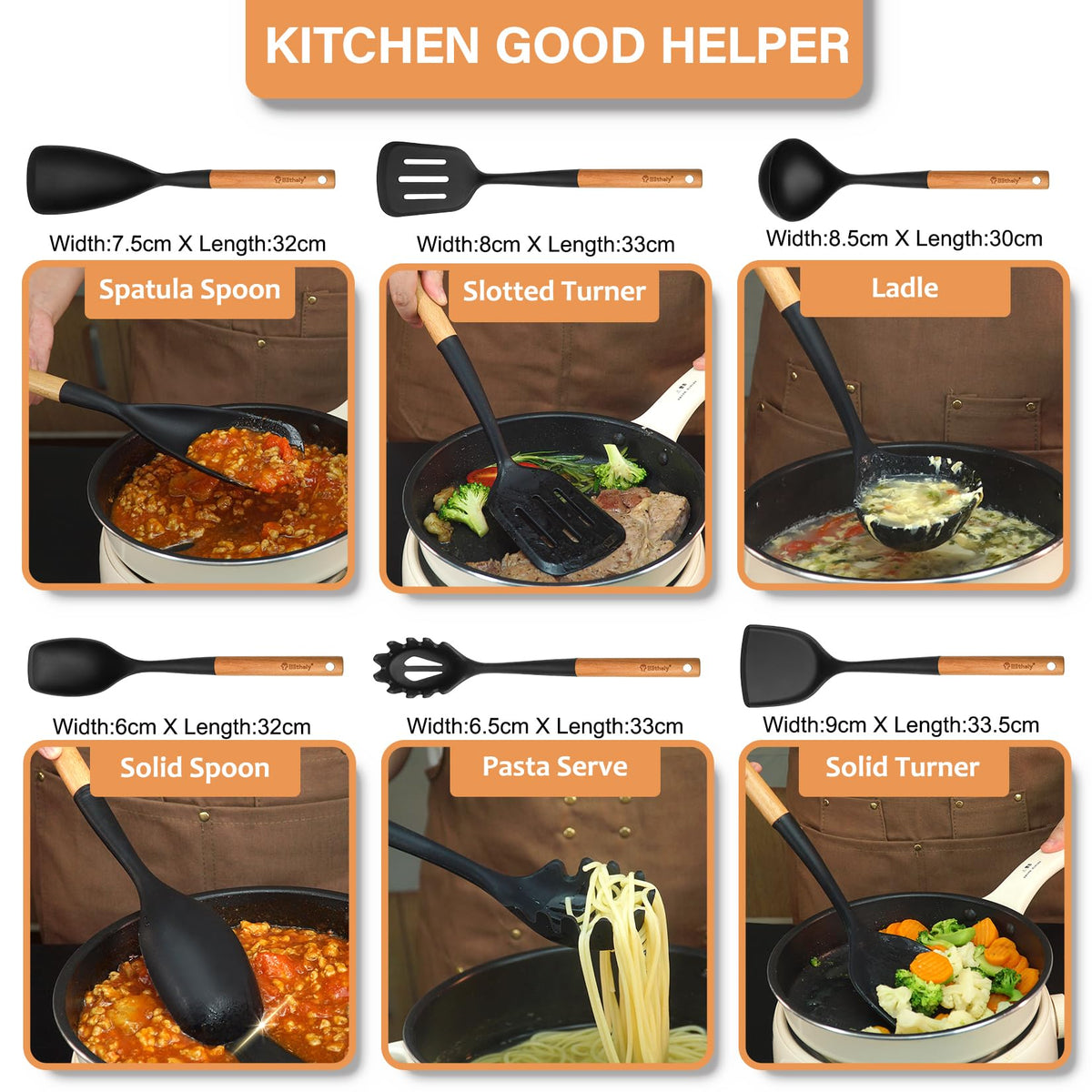 Large Silicone Cooking Utensils Set, 10Pcs Nonstick Kitchen Utensil Set with Wooden Handle, Heat Resistant Silicone Utensils for Cooking, BPA Free Spatula Set with Turners Spoon Ladle Skimmer(Black)