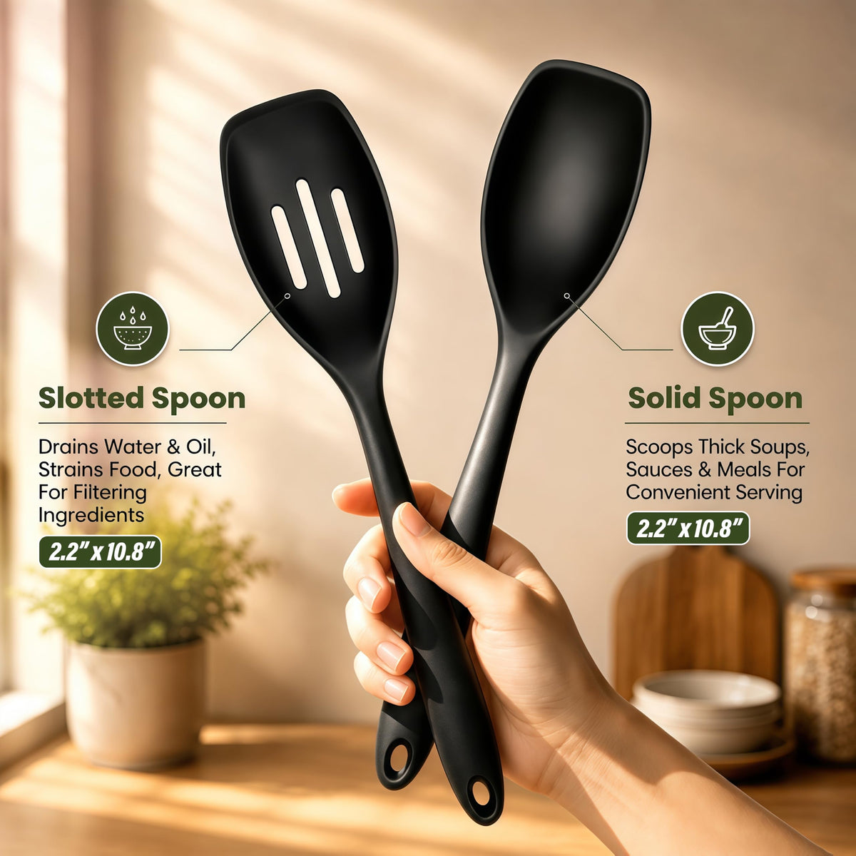 2PCS Thickened Silicone Cooking Spoon Set, Solid & Slotted Serving Spoons with Integrated Silicone Handles, Heat Resistant Nonstick Kitchen Utensils for Cooking(Black)