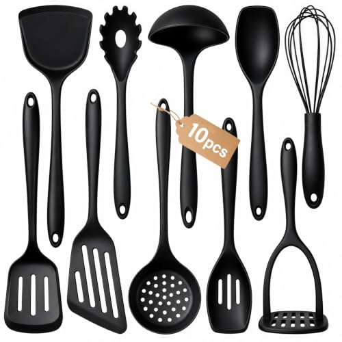 Thickened Silicone Cooking Utensils Set, 10Pcs Nonstick Kitchen Utensil Set with Solid Handle, Heat Resistant Silicone Spatula Set for Cooking, BPA Free Utensils Set with Potato Masher(Black)