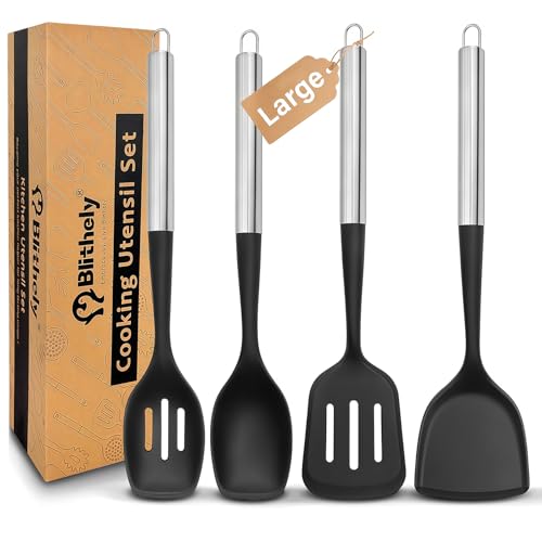 4PCS Silicone Spatula Spoon Set, Large Silicone Cooking Utensils Set with Stainless Steel Handle, Heat Resistant Cooking Spatula Set, Nonstick Solid and Slotted Turners, Serving Spoon (Black Silver)