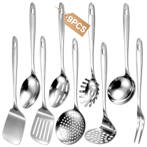 9PCS Stainless Steel Cooking Utensils Set, Large Metal Kitchen Utensils Set with Thickened Edge, Heat Resistant Spatula Turners Set with Ladle, Turners, Spoons, Skimmer