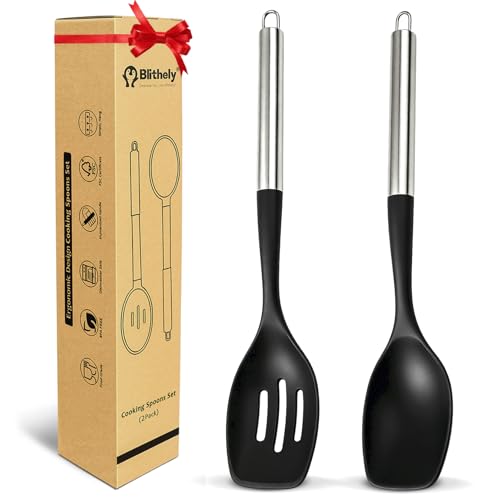 2Pcs Large Silicone Cooking Spoon Set, Nonstick Serving Spoons for Cooking, Solid and Slotted Spatula Spoons with Stainless Steel Handle, Heat Resistan Silicone Utensil Set(Black/Silver)