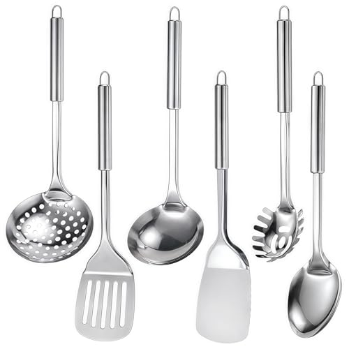 Stainless Steel Kitchen Utensils Set, 6 PCS Metal Cooking Utensils Set, Heat Resistant Cooking Spatula Spoon Set with Turners, Serving Spoon, Ladle, Skimmer, Pasta Server