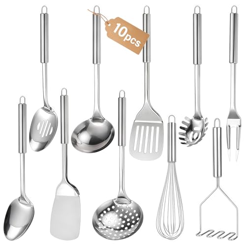 Kitchen Utensils Set, 10 PCS Stainless Steel Utensils Set for Cooking, Heat Resistant Spatula Cooking Utensils Set with Turners, Serving Spoon, Ladle, Skimmer, Pasta Fork