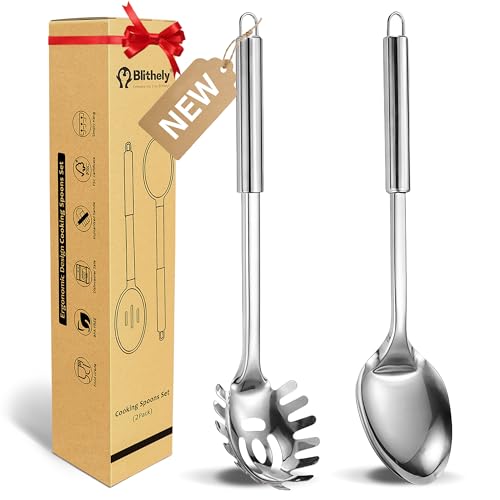 Large Cooking Spoon and Pasta Fork Set, 2 Pack Stainless Steel Serving Spoon, Heat Resistant Kitchen Noodle Spoon for Cooking, Serving, Mixing and Spaghett