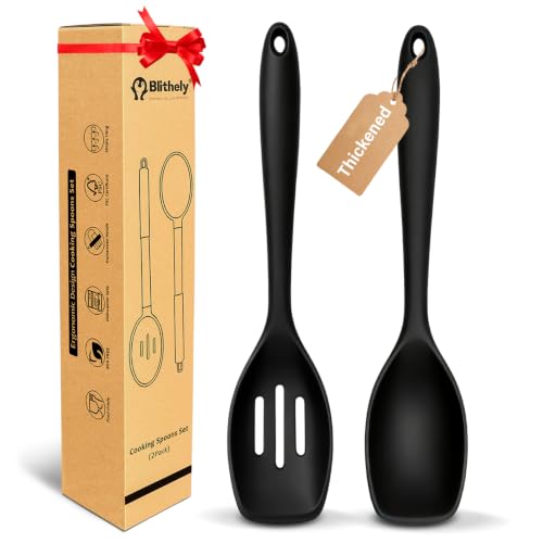 2PCS Thickened Silicone Cooking Spoon Set, Solid & Slotted Serving Spoons with Integrated Silicone Handles, Heat Resistant Nonstick Kitchen Utensils for Cooking(Black)