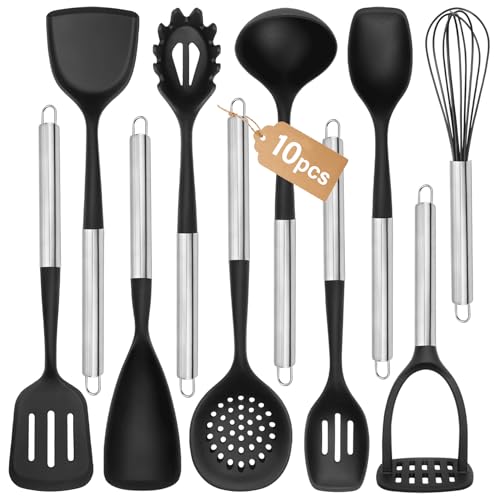 Large Silicone Cooking Utensils Set, 10Pcs Nonstick Kitchen Utensil Set with Stainless Steel Handle, BPA Free Spatula Set with Turners Spoon Ladle Skimmer(Black/Silver)