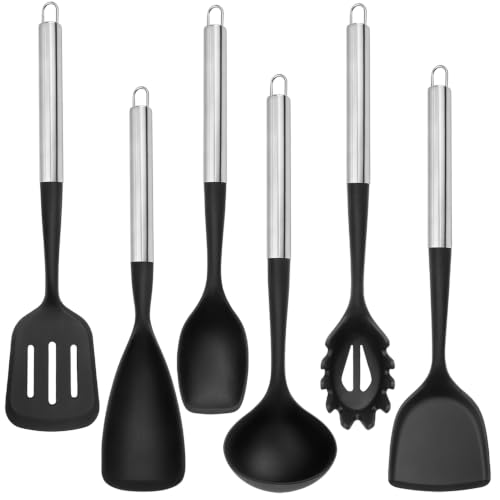 Large Silicone Kitchen Utensils Set, 6 PCS Nonstick Cooking Utensils Set with Stainless Steel Handle, Heat Resistant Silicone Utensil Spatula Set for Cooking with Turner, Spoon and Ladle(Black/Silver)