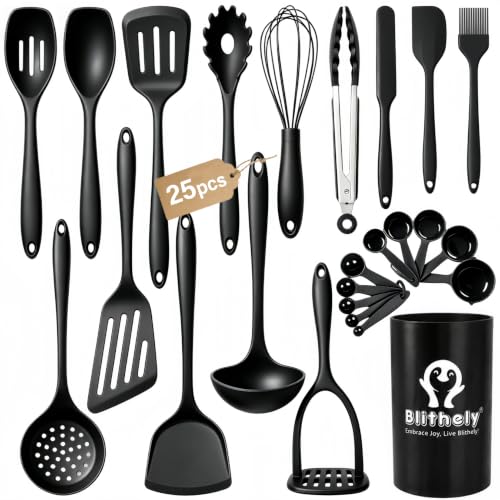 25Pcs Silicone Kitchen Utensils Set with Holder, Thickened Cooking Utensil Set with Solid Handle, Heat Resistant Spatula Sets for Cooking, BPA Free Silicone Utensils Set for Non-Stick Cookware(Black)