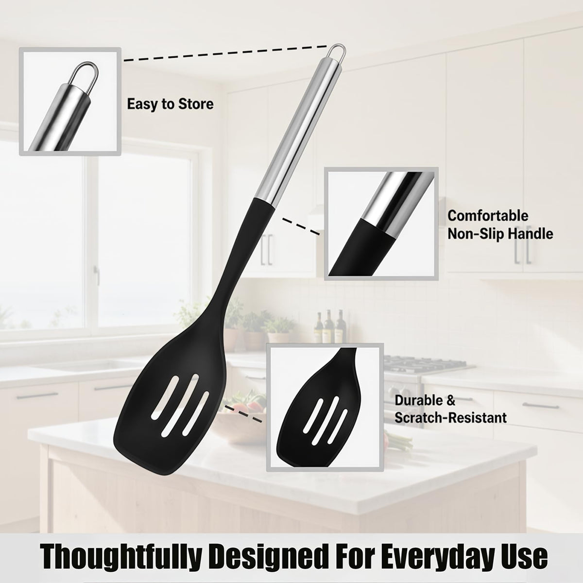4PCS Silicone Spatula Spoon Set, Large Silicone Cooking Utensils Set with Stainless Steel Handle, Heat Resistant Cooking Spatula Set, Nonstick Solid and Slotted Turners, Serving Spoon (Black Silver)
