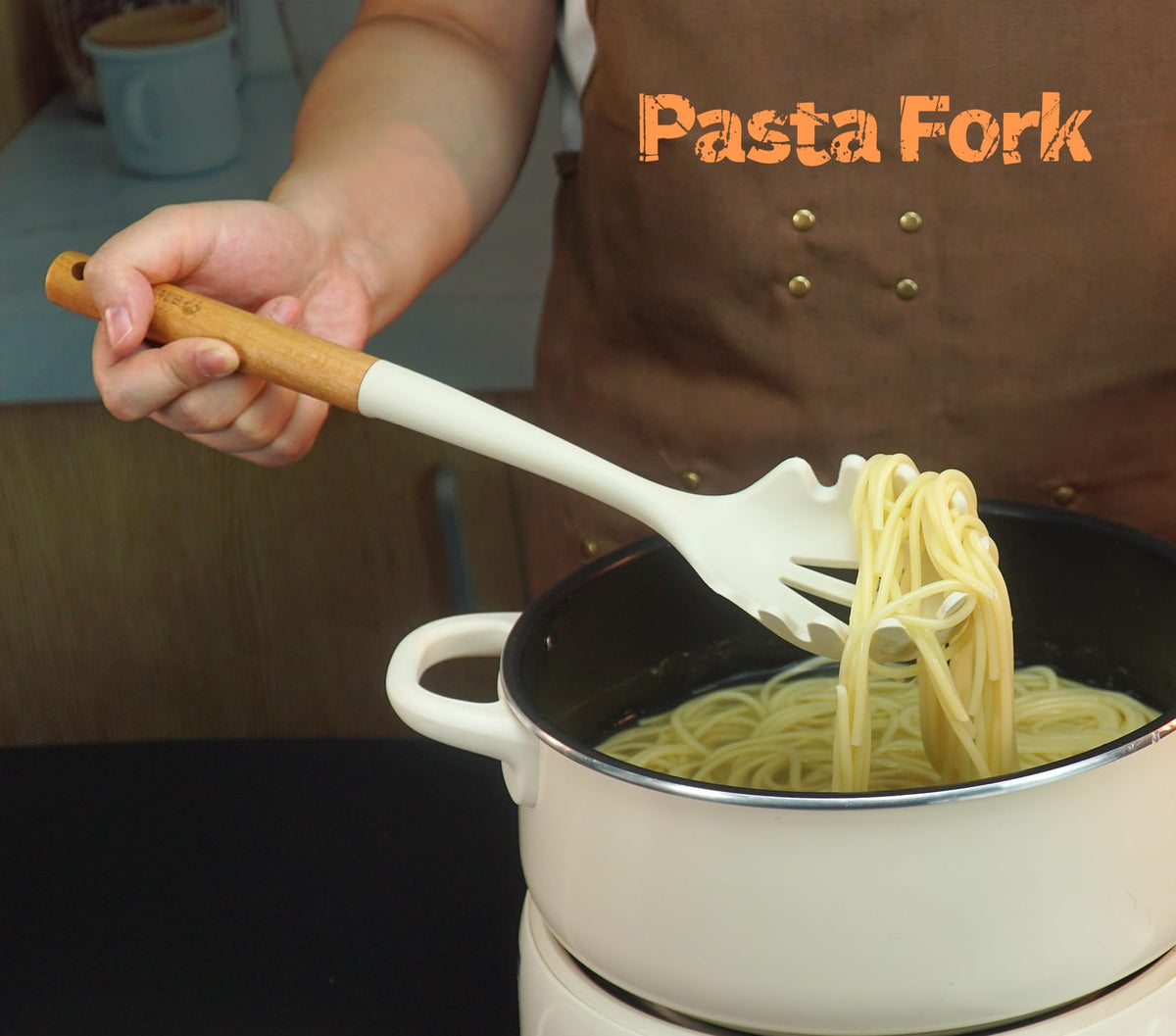 Silicone Cooking Spoon and Pasta Fork Set, 2 Pack Large Spatula Spoons Set with Wooden Handle, Nonstick Multifunction Spoon for Cooking, Serving, Mixing and Spaghetti (White)