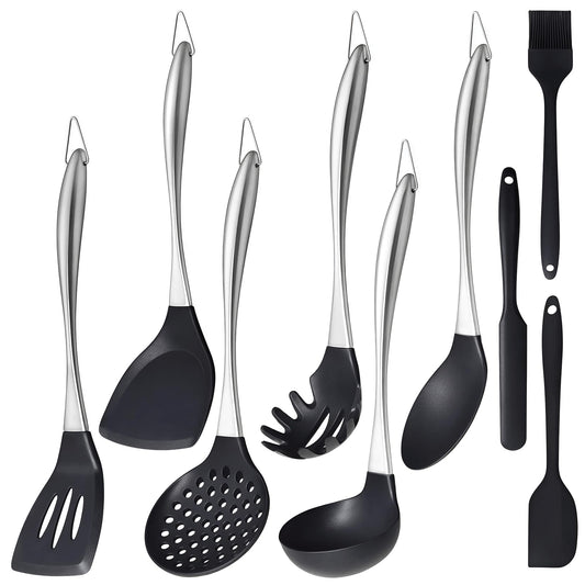 Silicone Cooking Utensils Set, 9Pcs Kitchen Utensil Set with Stainless Steel Handle, Heat-Resistant Silicone Utensils for Cooking, Non-Stick Spatula Set with Spoons, Turners, Ladle (Sliver)