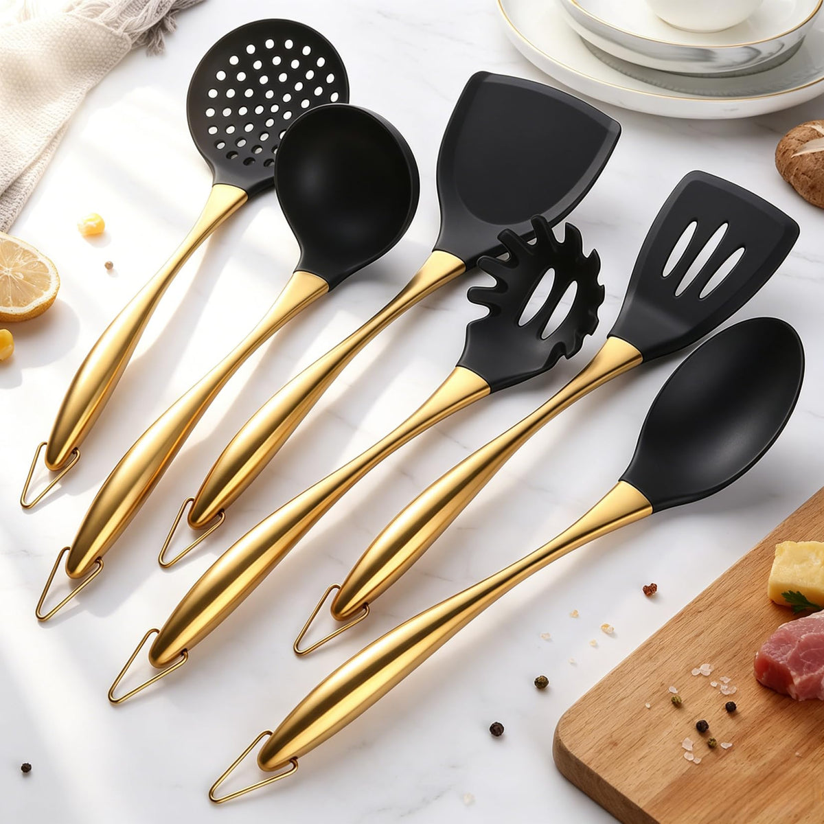 Silicone Cooking Utensils Set, 17pcs Kitchen Utensil Set with Rotatable Holder, Heat-Resistant Silicone Utensils for Cooking, Non-Stick Spatula Set with Stainless Steel Handle,Turner,Ladle (Gold)
