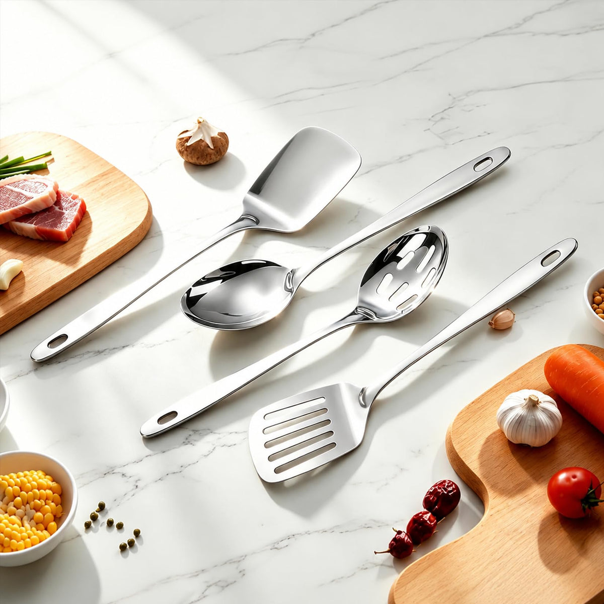 Stainless Steel Spatula Spoon Set, 4PCS Large Cooking Utensils Set with Thickened Edge, Heat Resistant Cooking Spatula Set, Metal Solid and Slotted Turners, Serving Spoon