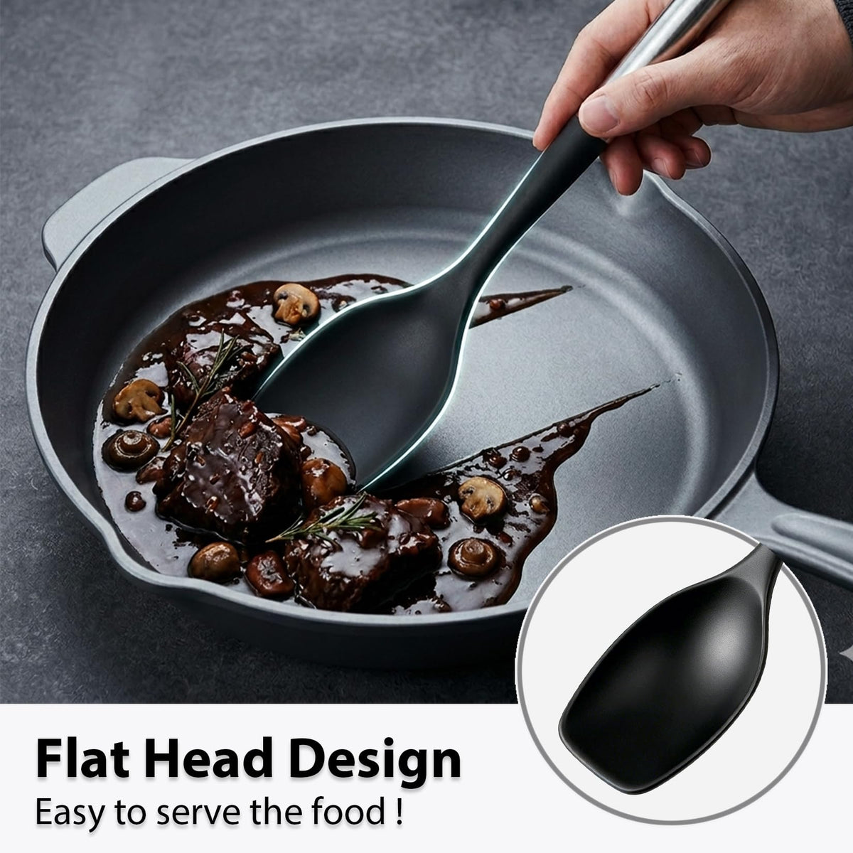2Pcs Large Silicone Cooking Spoon Set, Nonstick Serving Spoons for Cooking, Solid and Slotted Spatula Spoons with Stainless Steel Handle, Heat Resistan Silicone Utensil Set(Black/Silver)