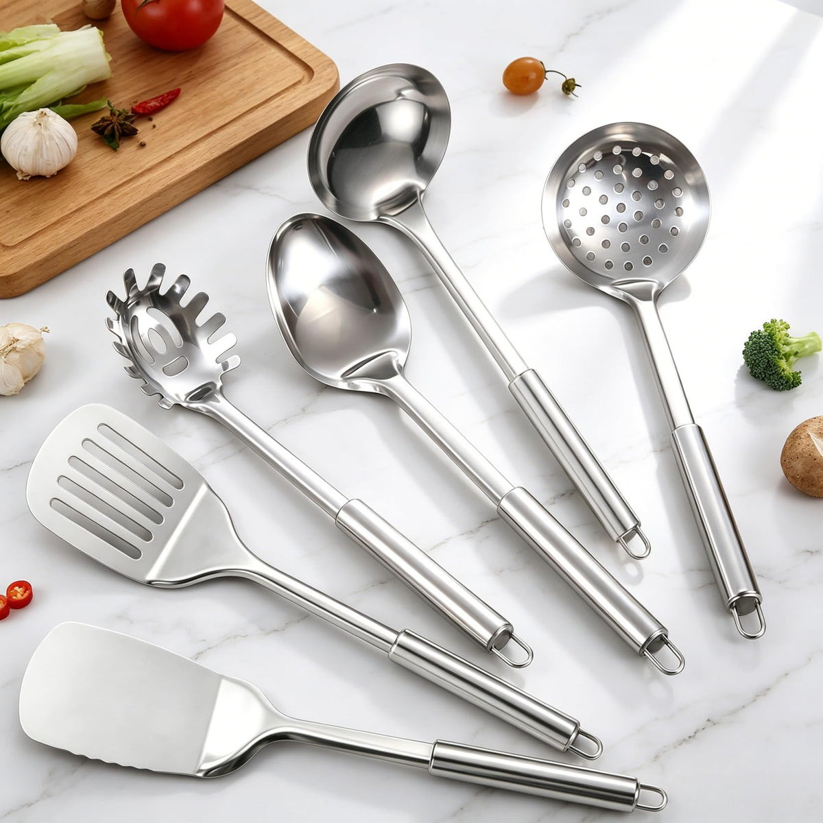 Stainless Steel Kitchen Utensils Set, 6 PCS Metal Cooking Utensils Set, Heat Resistant Cooking Spatula Spoon Set with Turners, Serving Spoon, Ladle, Skimmer, Pasta Server