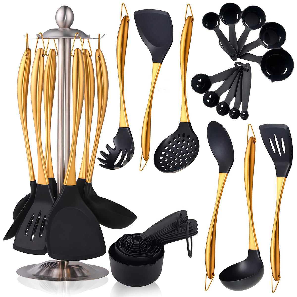 Silicone Cooking Utensils Set, 17pcs Kitchen Utensil Set with Rotatable Holder, Heat-Resistant Silicone Utensils for Cooking, Non-Stick Spatula Set with Stainless Steel Handle,Turner,Ladle (Gold)