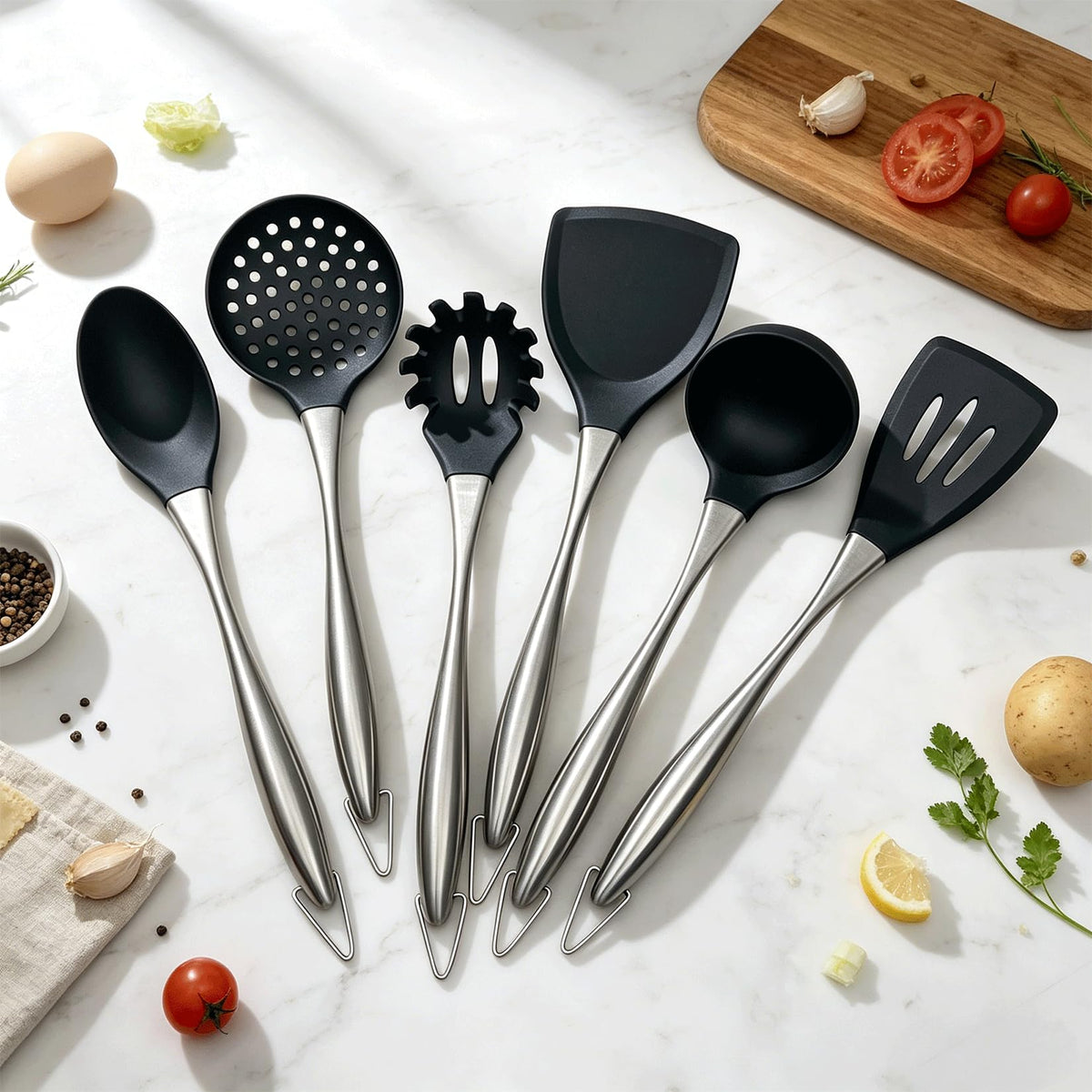 Silicone Cooking Utensils Set, 9Pcs Kitchen Utensil Set with Stainless Steel Handle, Heat-Resistant Silicone Utensils for Cooking, Non-Stick Spatula Set with Spoons, Turners, Ladle (Sliver)