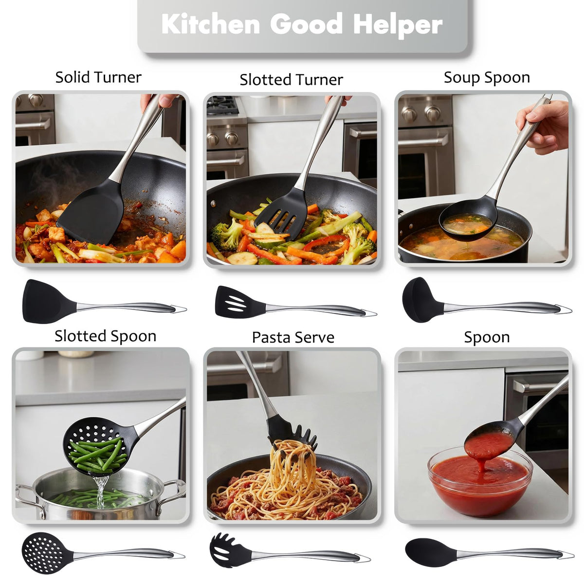 Silicone Cooking Utensils Set, 9Pcs Kitchen Utensil Set with Stainless Steel Handle, Heat-Resistant Silicone Utensils for Cooking, Non-Stick Spatula Set with Spoons, Turners, Ladle (Sliver)