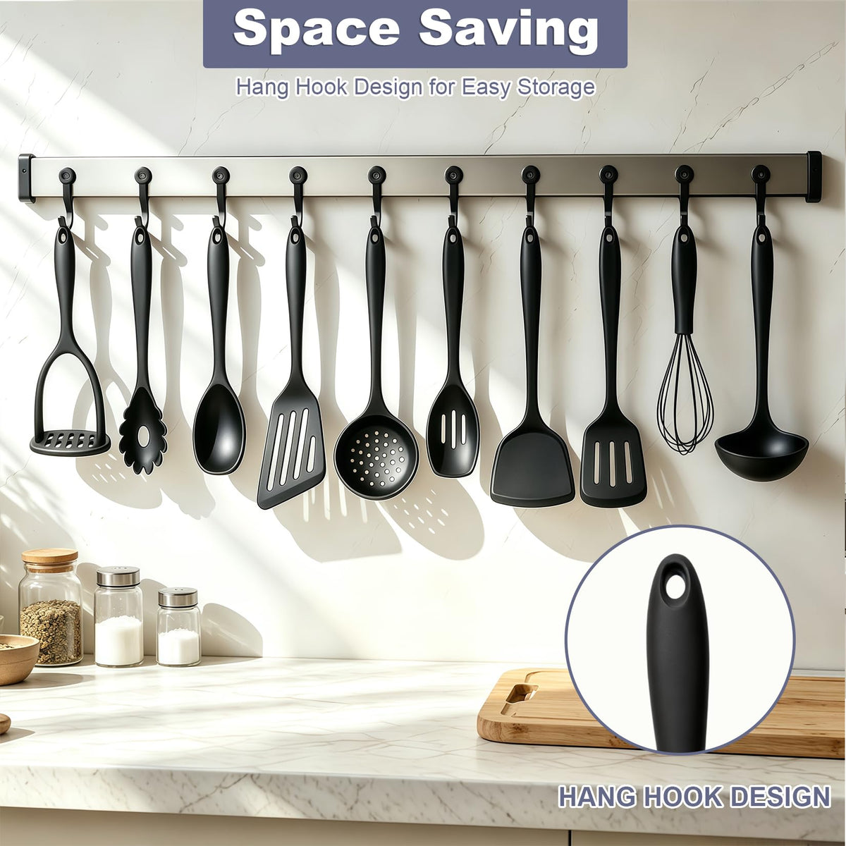 Thickened Silicone Cooking Utensils Set, 10Pcs Nonstick Kitchen Utensil Set with Solid Handle, Heat Resistant Silicone Spatula Set for Cooking, BPA Free Utensils Set with Potato Masher(Black)