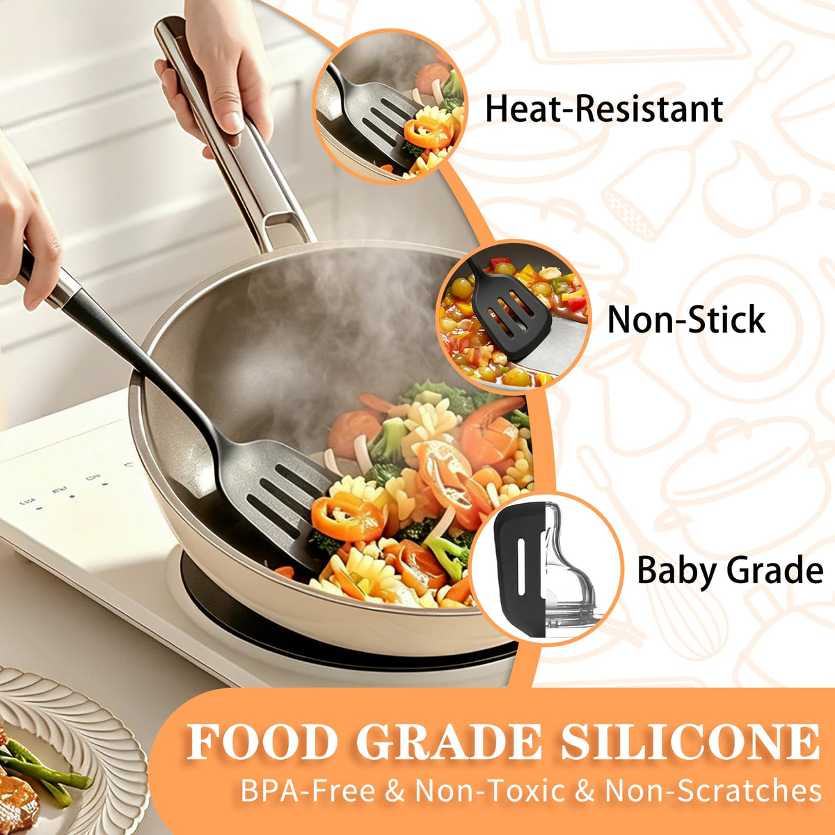 Large Silicone Kitchen Utensils Set, 6 PCS Nonstick Cooking Utensils Set with Stainless Steel Handle, Heat Resistant Silicone Utensil Spatula Set for Cooking with Turner, Spoon and Ladle(Black/Silver)