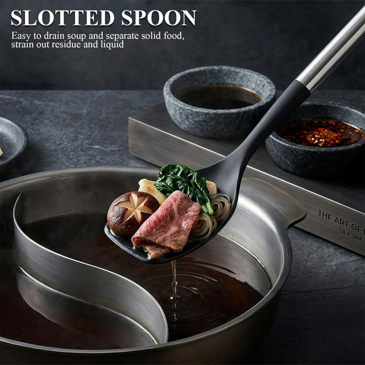 2Pcs Large Silicone Cooking Spoon Set, Nonstick Serving Spoons for Cooking, Solid and Slotted Spatula Spoons with Stainless Steel Handle, Heat Resistan Silicone Utensil Set(Black/Silver)