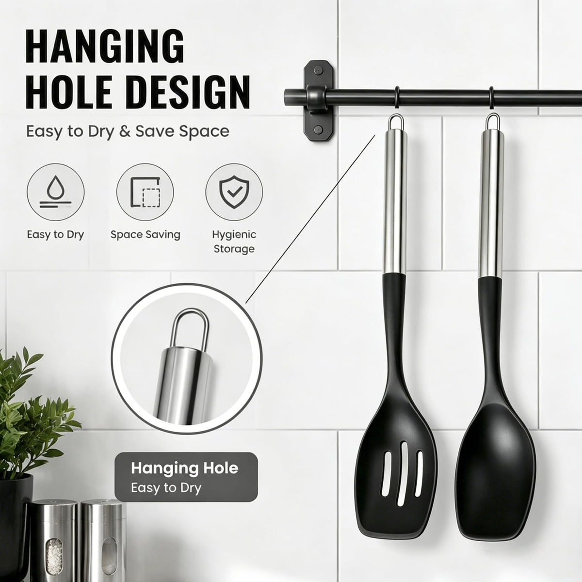 2Pcs Large Silicone Cooking Spoon Set, Nonstick Serving Spoons for Cooking, Solid and Slotted Spatula Spoons with Stainless Steel Handle, Heat Resistan Silicone Utensil Set(Black/Silver)