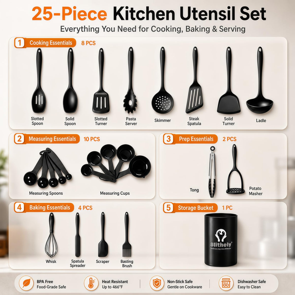 25Pcs Silicone Kitchen Utensils Set with Holder, Thickened Cooking Utensil Set with Solid Handle, Heat Resistant Spatula Sets for Cooking, BPA Free Silicone Utensils Set for Non-Stick Cookware(Black)