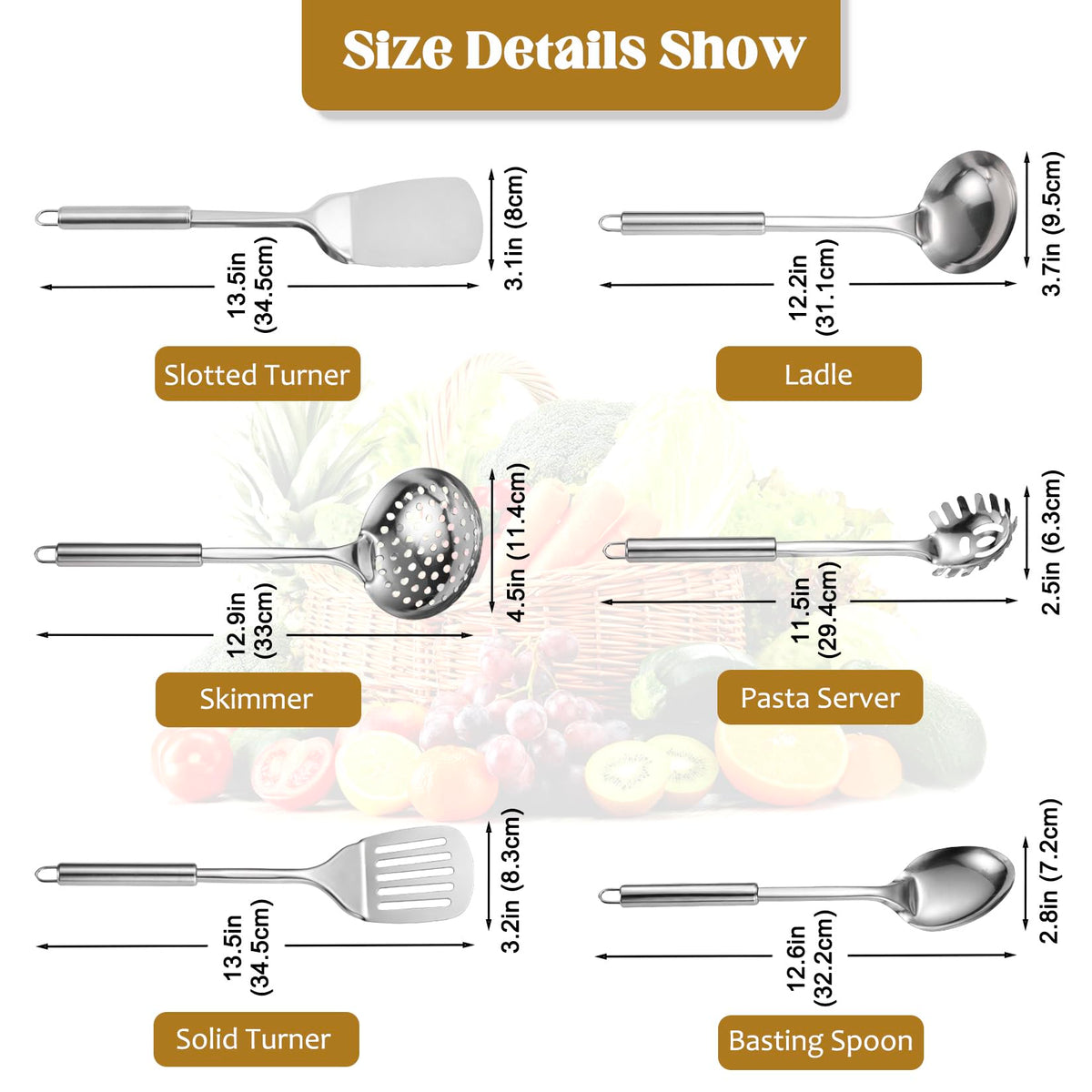 Stainless Steel Kitchen Utensils Set, 6 PCS Metal Cooking Utensils Set, Heat Resistant Cooking Spatula Spoon Set with Turners, Serving Spoon, Ladle, Skimmer, Pasta Server