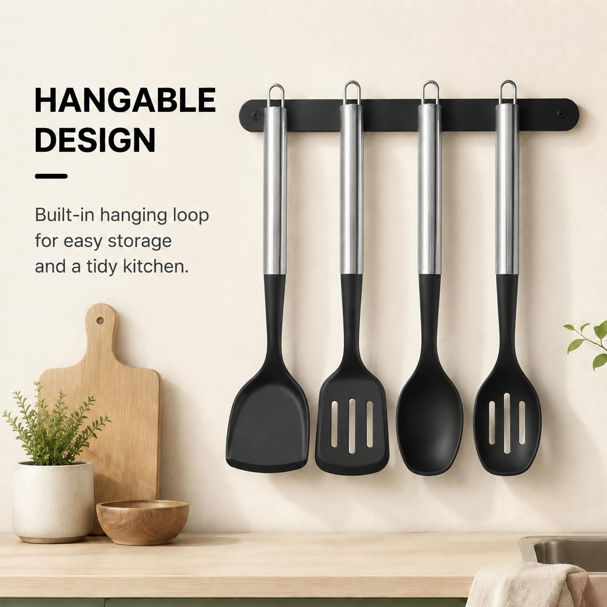 4PCS Silicone Spatula Spoon Set, Large Silicone Cooking Utensils Set with Stainless Steel Handle, Heat Resistant Cooking Spatula Set, Nonstick Solid and Slotted Turners, Serving Spoon (Black Silver)