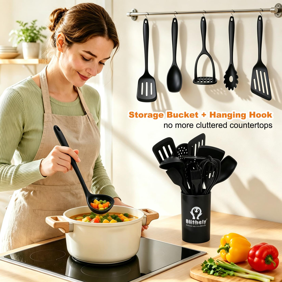 25Pcs Silicone Kitchen Utensils Set with Holder, Thickened Cooking Utensil Set with Solid Handle, Heat Resistant Spatula Sets for Cooking, BPA Free Silicone Utensils Set for Non-Stick Cookware(Black)