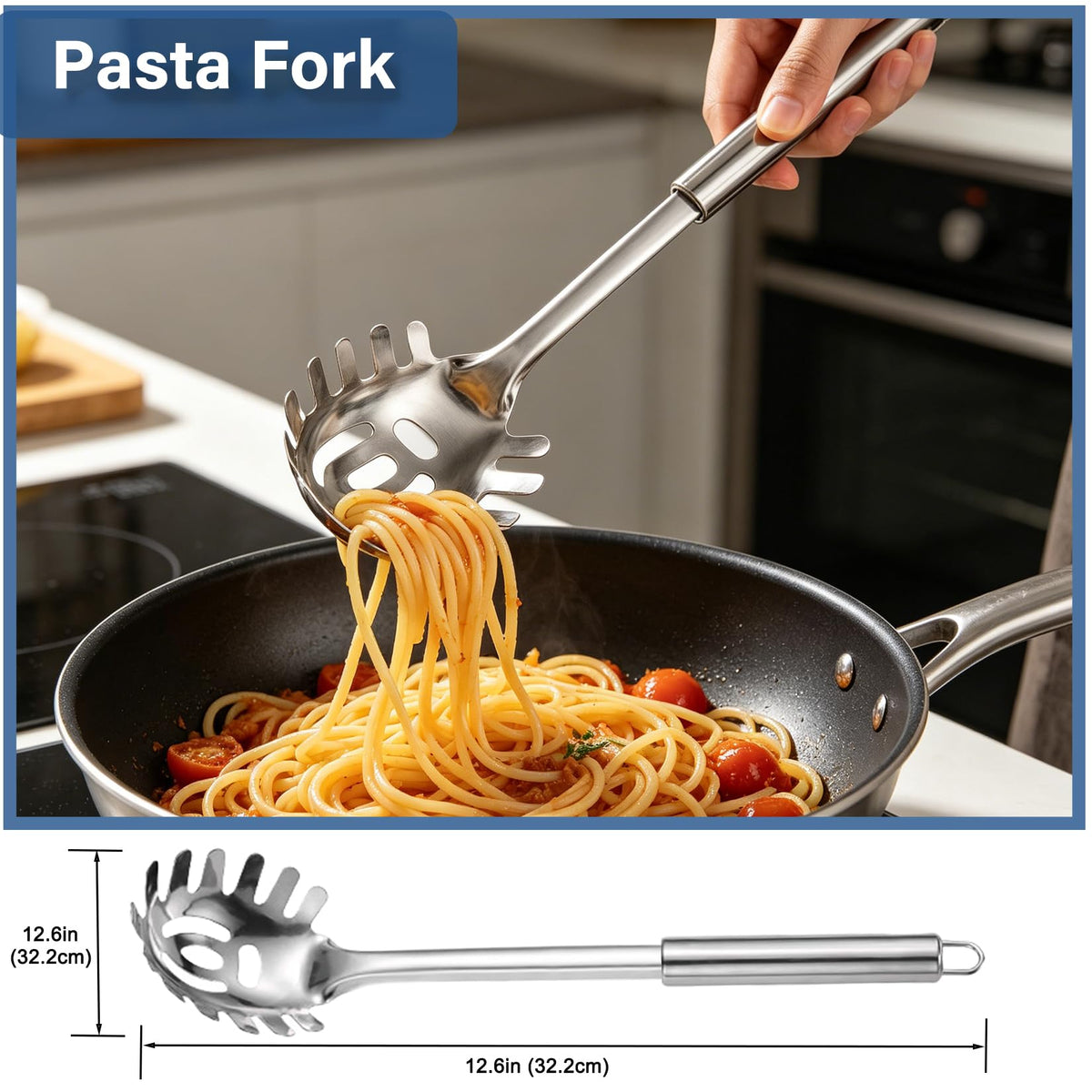 Large Cooking Spoon and Pasta Fork Set, 2 Pack Stainless Steel Serving Spoon, Heat Resistant Kitchen Noodle Spoon for Cooking, Serving, Mixing and Spaghett