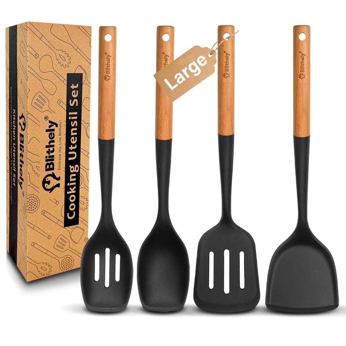 4PCS Silicone Cooking Utensils Set, Large Nonstick Spatula Spoons Set with Wooden Handle, Silicone Cooking Spatula Set, Heat Resistant Solid and Slotted Turners, Serving Spoon(Black)