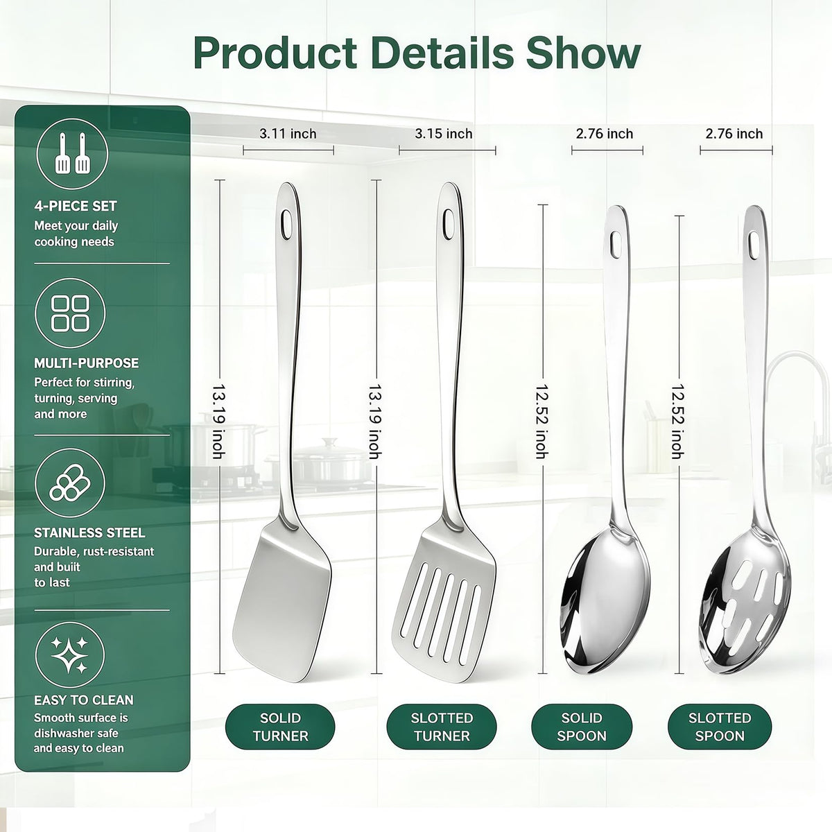 Stainless Steel Spatula Spoon Set, 4PCS Large Cooking Utensils Set with Thickened Edge, Heat Resistant Cooking Spatula Set, Metal Solid and Slotted Turners, Serving Spoon