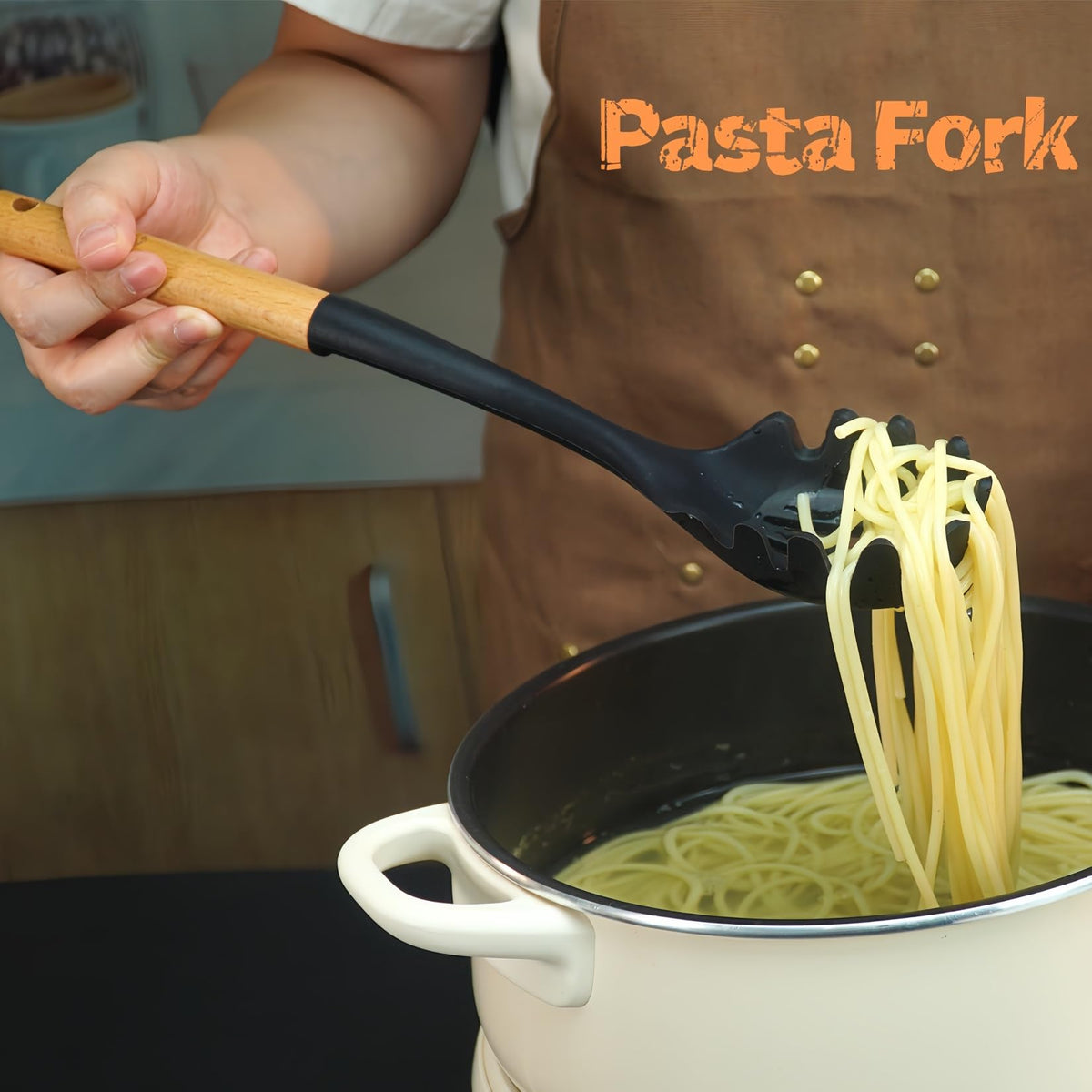 Silicone Cooking Spoon and Pasta Fork Set, 2 Pack Large Spatula Spoons Set with Wooden Handle, Nonstick Multifunction Spoon for Cooking, Serving, Mixing and Spaghetti (Black)