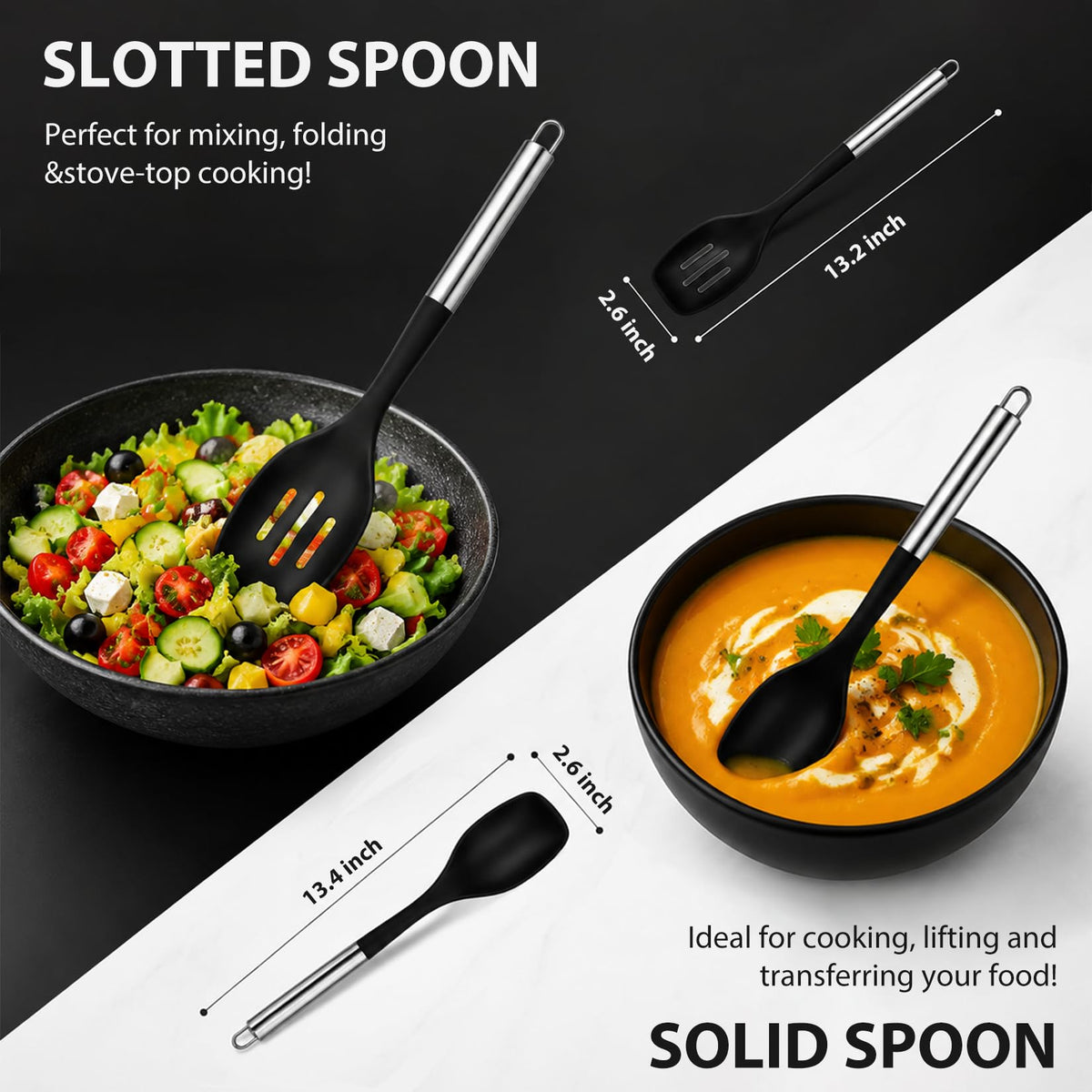 2Pcs Large Silicone Cooking Spoon Set, Nonstick Serving Spoons for Cooking, Solid and Slotted Spatula Spoons with Stainless Steel Handle, Heat Resistan Silicone Utensil Set(Black/Silver)