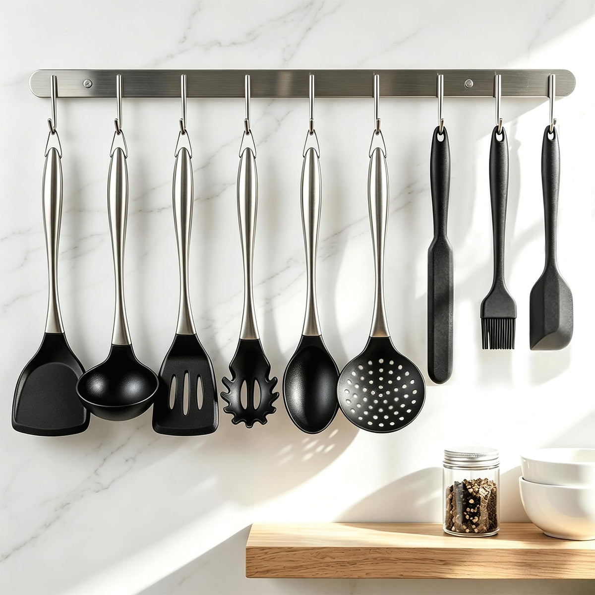 Silicone Cooking Utensils Set, 9Pcs Kitchen Utensil Set with Stainless Steel Handle, Heat-Resistant Silicone Utensils for Cooking, Non-Stick Spatula Set with Spoons, Turners, Ladle (Sliver)
