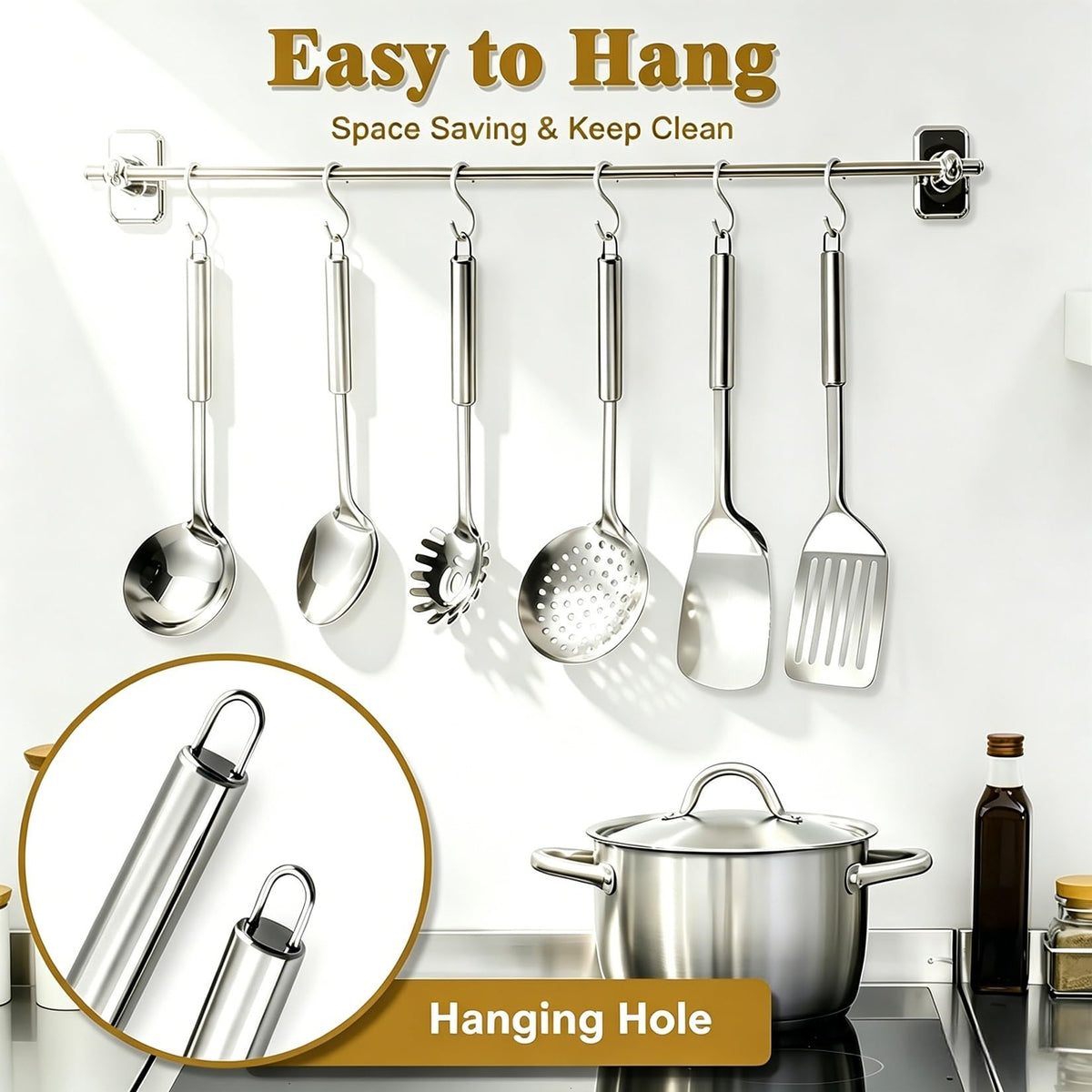 Stainless Steel Kitchen Utensils Set, 6 PCS Metal Cooking Utensils Set, Heat Resistant Cooking Spatula Spoon Set with Turners, Serving Spoon, Ladle, Skimmer, Pasta Server