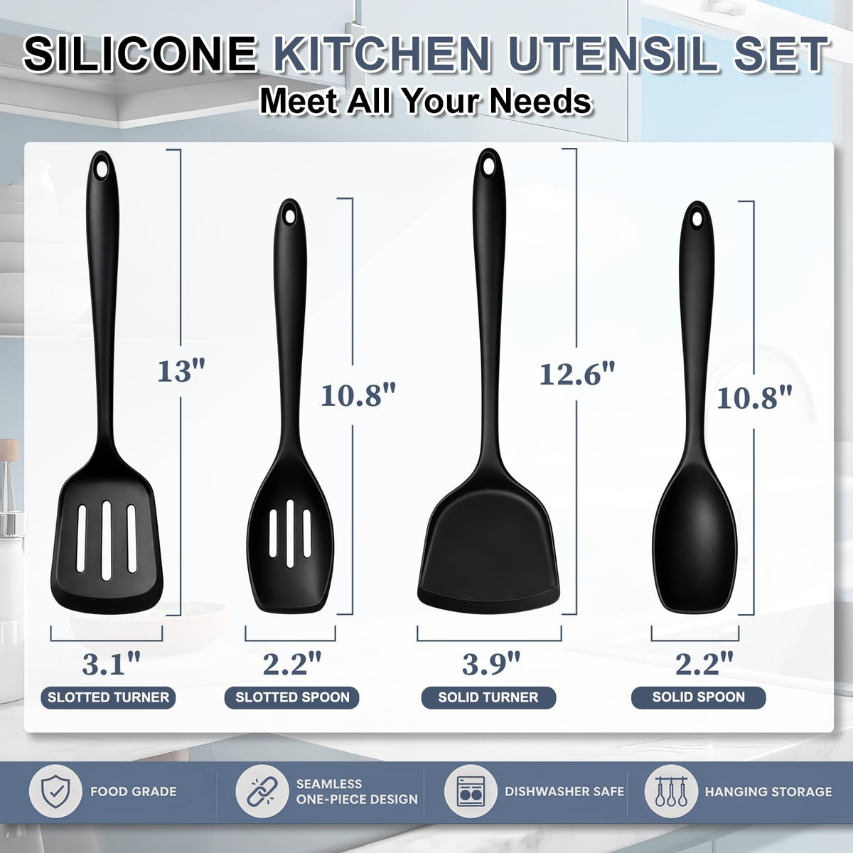 4PCS Silicone Spatula Spoon Set, Full Thickened Silicone Cooking Utensils Set, Heat Resistant Cooking Spatula Set, Nonstick Solid and Slotted Turners, Serving Spoon