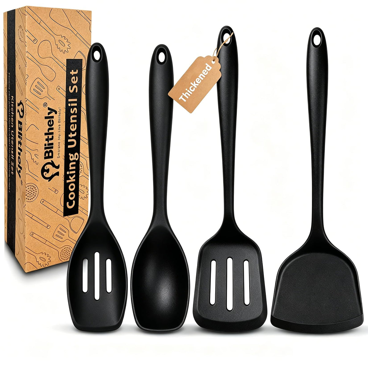 4PCS Silicone Spatula Spoon Set, Full Thickened Silicone Cooking Utensils Set, Heat Resistant Cooking Spatula Set, Nonstick Solid and Slotted Turners, Serving Spoon
