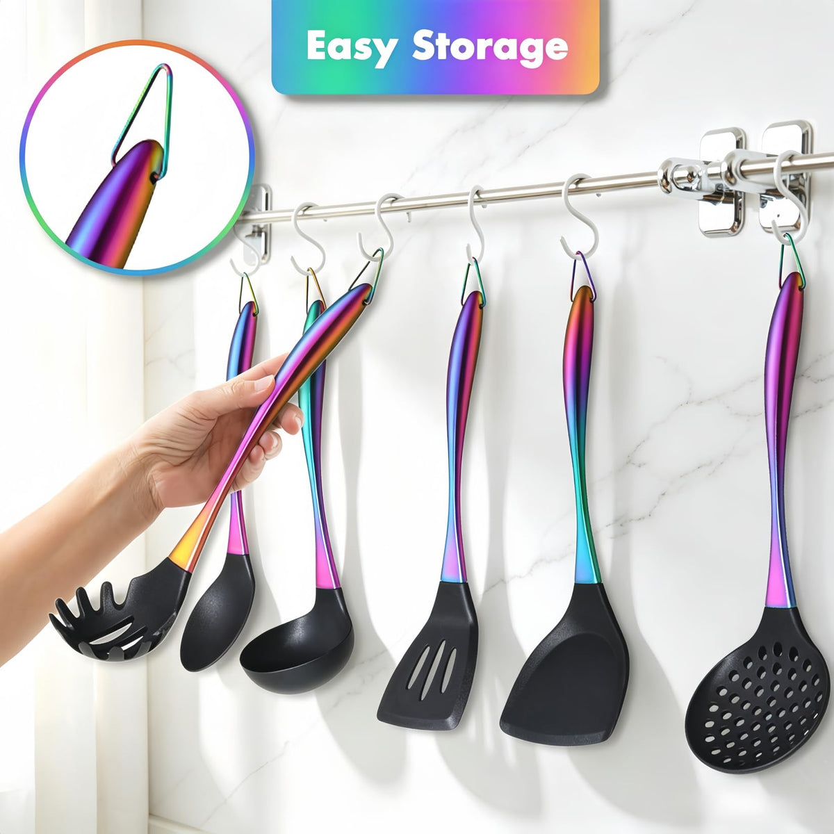 Silicone Cooking Utensils Set, 9Pcs Kitchen Utensil Set with Stainless Steel Handle, Heat-Resistant Silicone Utensils for Cooking, Non-Stick Spatula Set with Spoons, Turners, Ladle (Rainbow)
