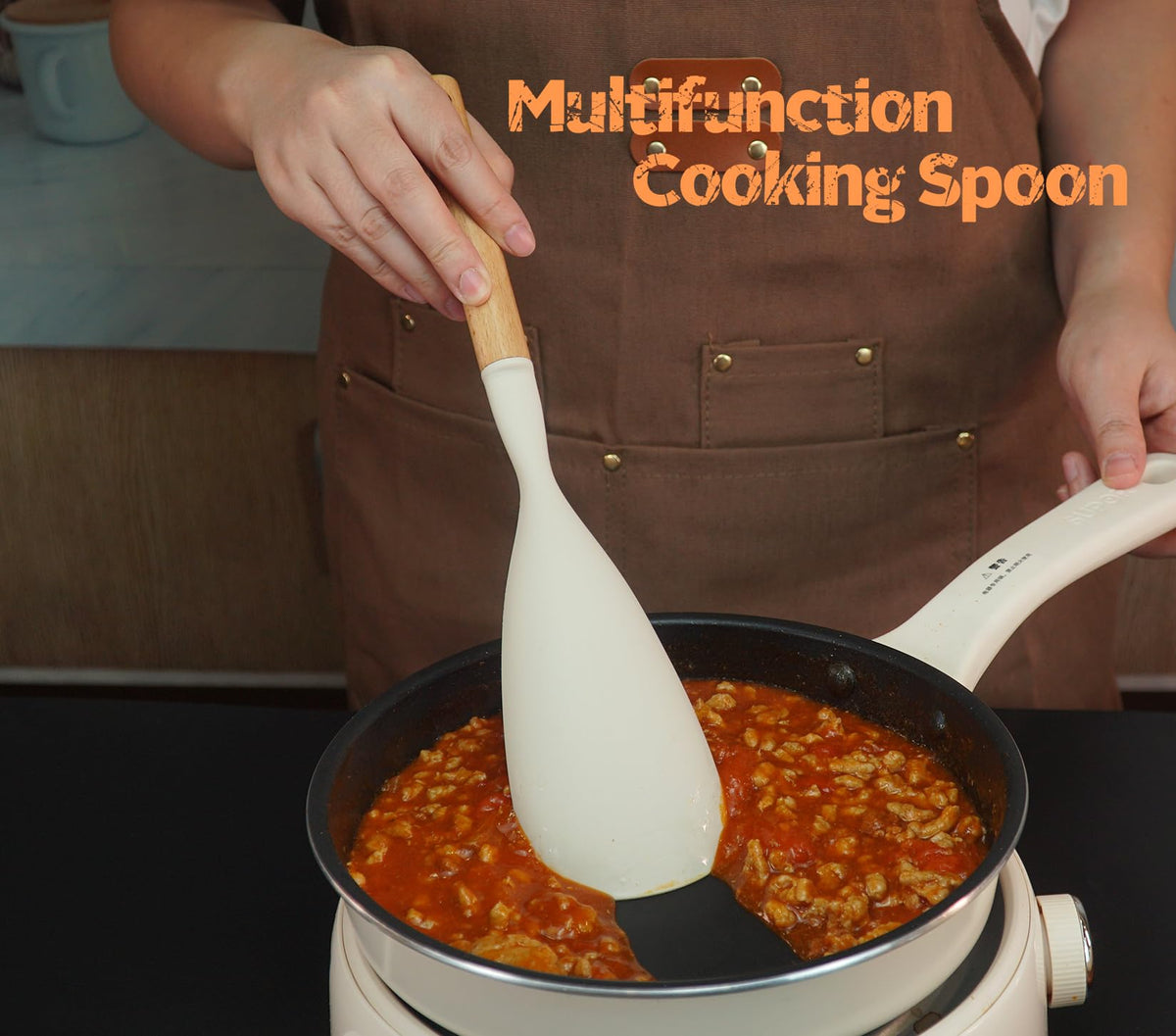 Silicone Cooking Spoon and Pasta Fork Set, 2 Pack Large Spatula Spoons Set with Wooden Handle, Nonstick Multifunction Spoon for Cooking, Serving, Mixing and Spaghetti (White)
