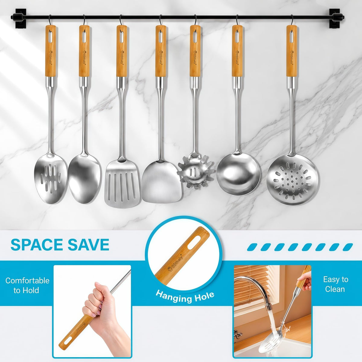 Stainless Steel Cooking Utensils Set with Wooden Handle, 7 Pcs Long Kitchen Utensil Set Stainless Steel, Heat Resistant Metal Spatula Set for Cooking with Turners, Skimmer, Ladle, Pasta Fork
