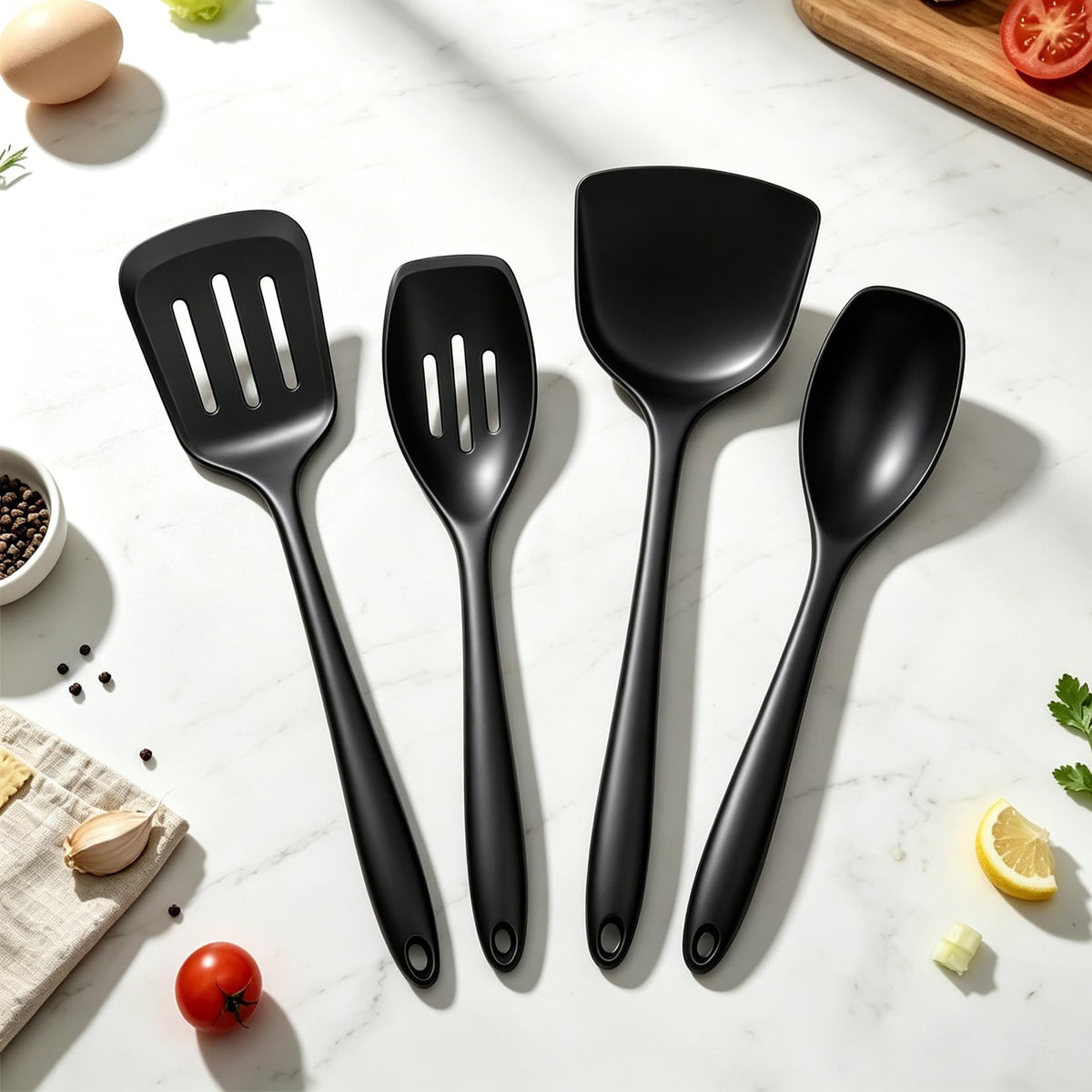 4PCS Silicone Spatula Spoon Set, Full Thickened Silicone Cooking Utensils Set, Heat Resistant Cooking Spatula Set, Nonstick Solid and Slotted Turners, Serving Spoon
